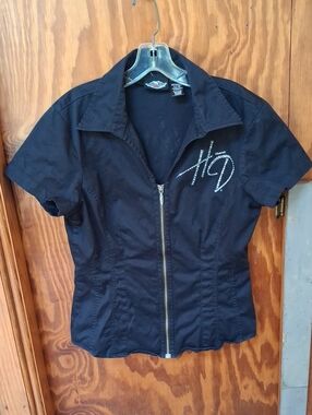 Harley-Davidson Black Short-Sleeve Zip Front Shirt with Rhinestone HD